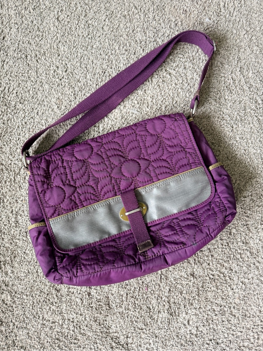 Fossil Quilted Purple Messenger Bag with Silver Accent